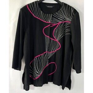 Ming Wang Cardigan Size 2X Pink Black‎ Funky Artsy Abstract Colorful Office Work